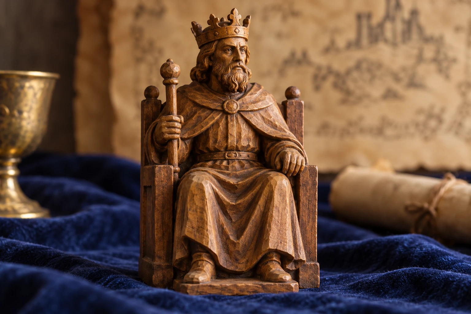 Sculpture en bois d'un empereur couronné assis sur un trône, sceptre à la main, lumière chaude