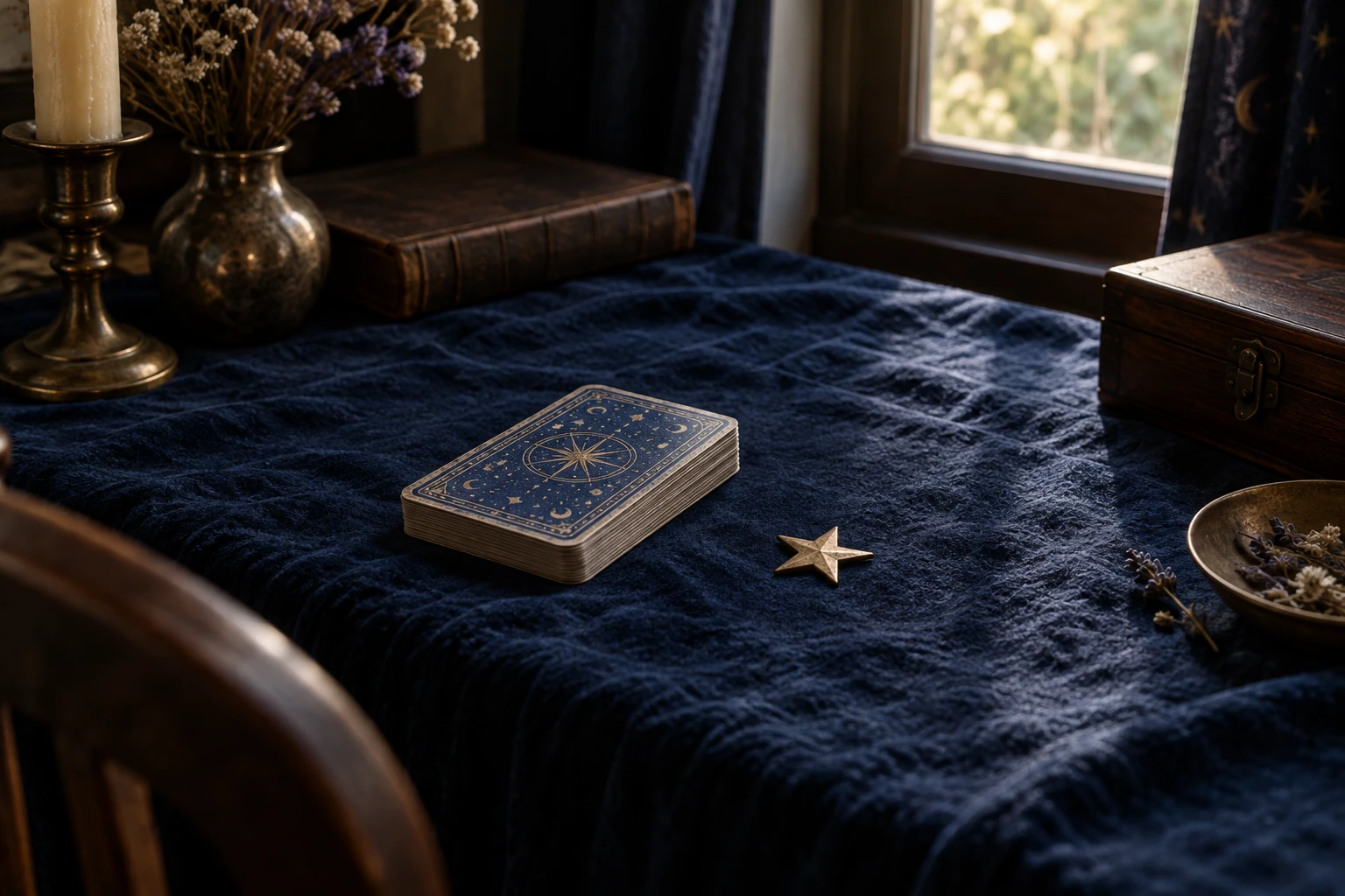 Jeu de cartes de tarot posé sur une table bleue, étoile dorée et objets anciens alentours