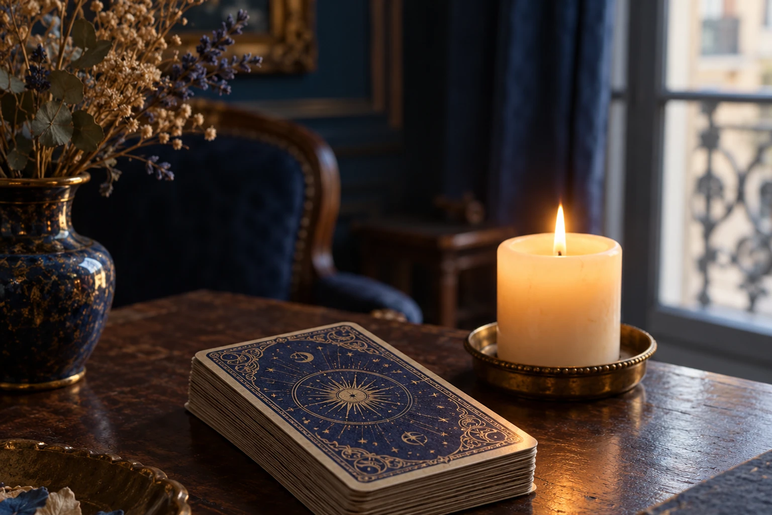 Jeu de cartes de tarot face cachée sur table en bois, bougie allumée et vase de fleurs séchées
