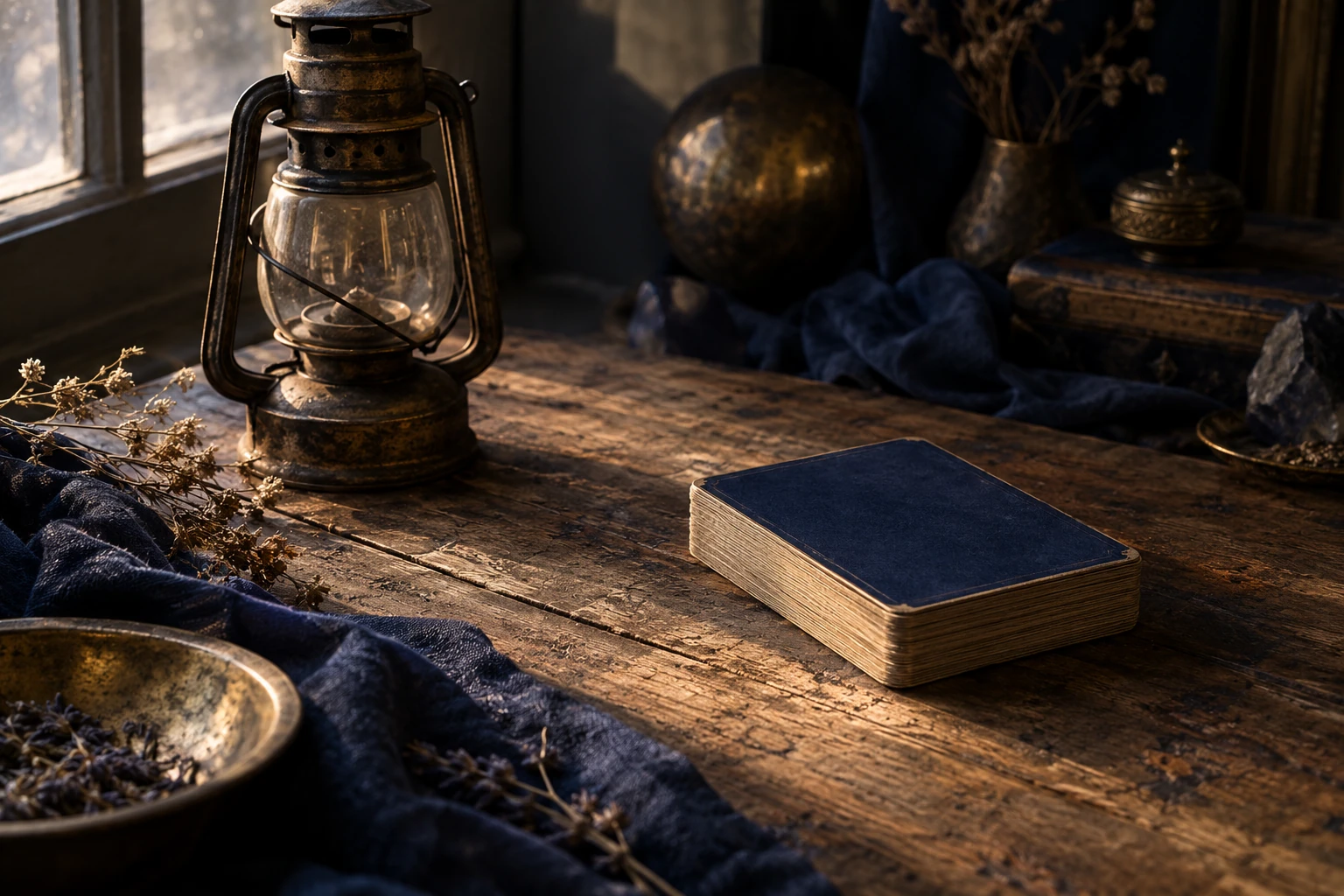 Paquet de cartes de tarot usées sur table en bois, lanterne, herbes séchées, lumière tamisée