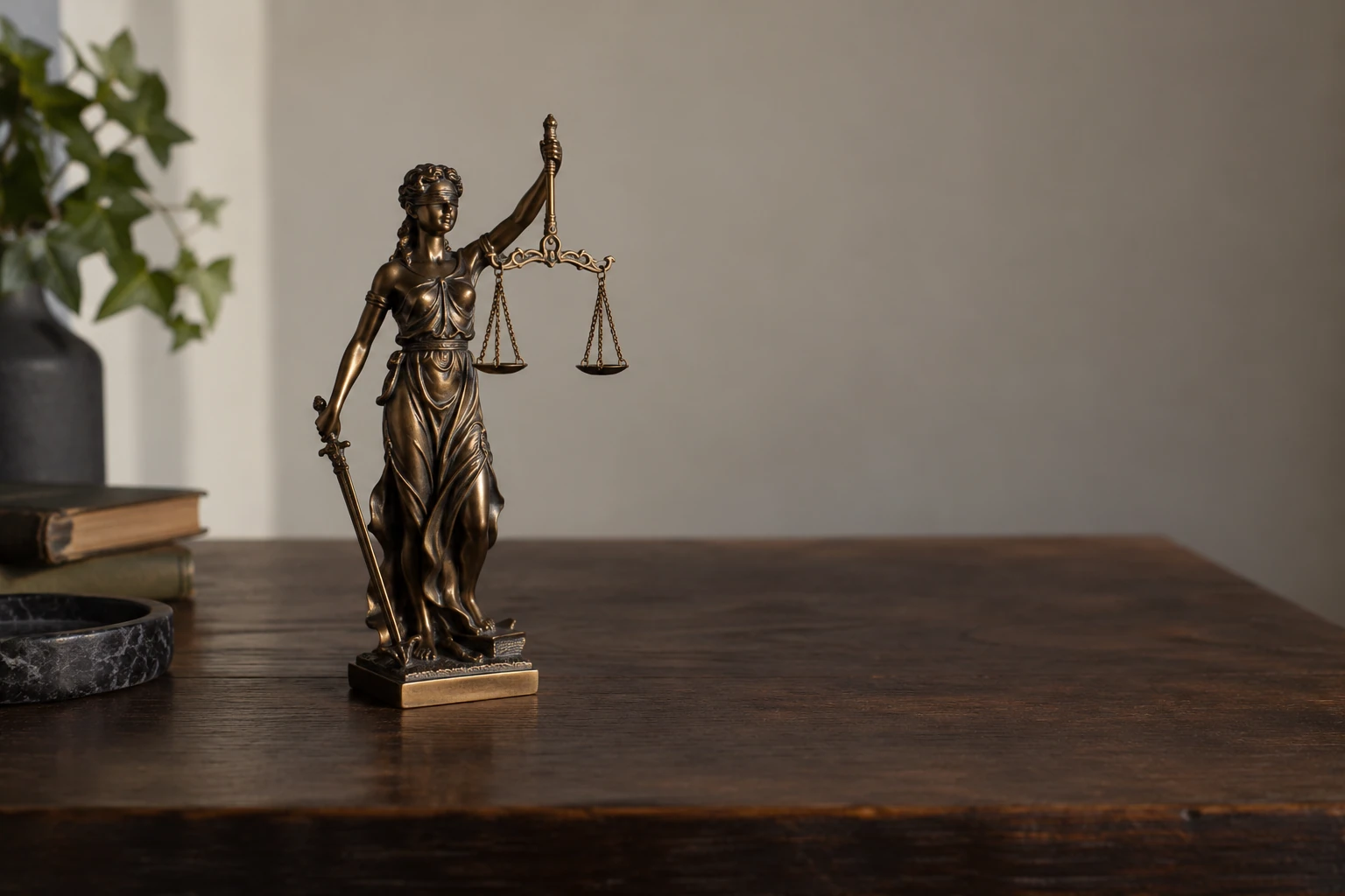 Statuette de la justice en bronze avec balance et épée sur bureau en bois