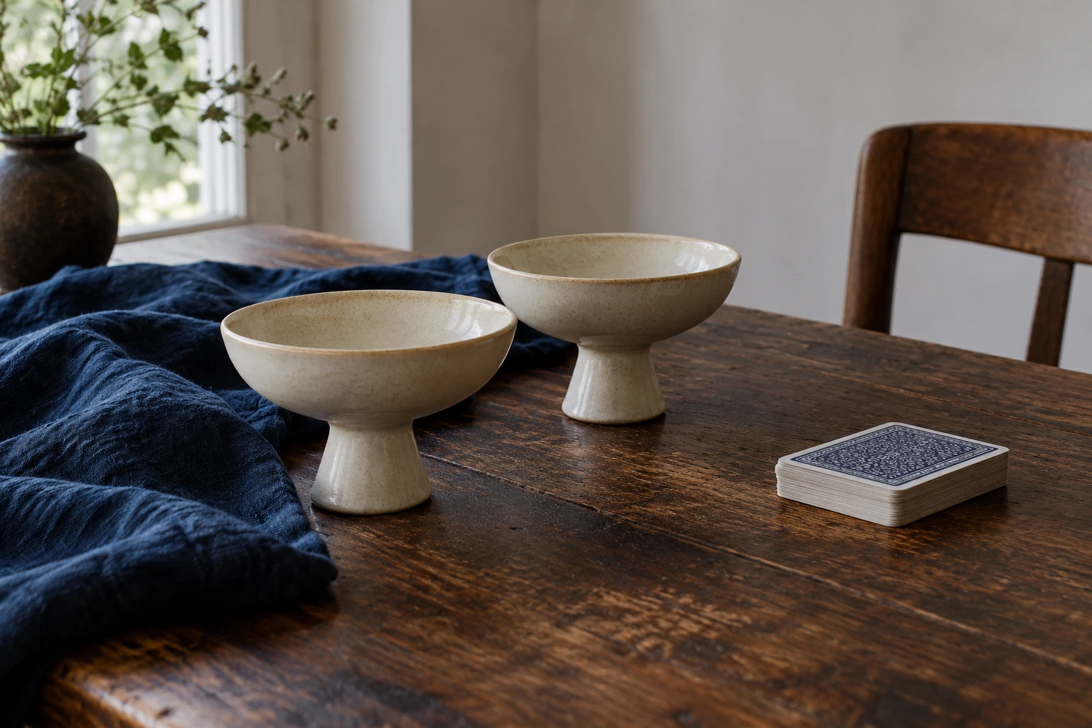 Deux coupes en céramique sur table en bois, paquet de cartes et tissu bleu