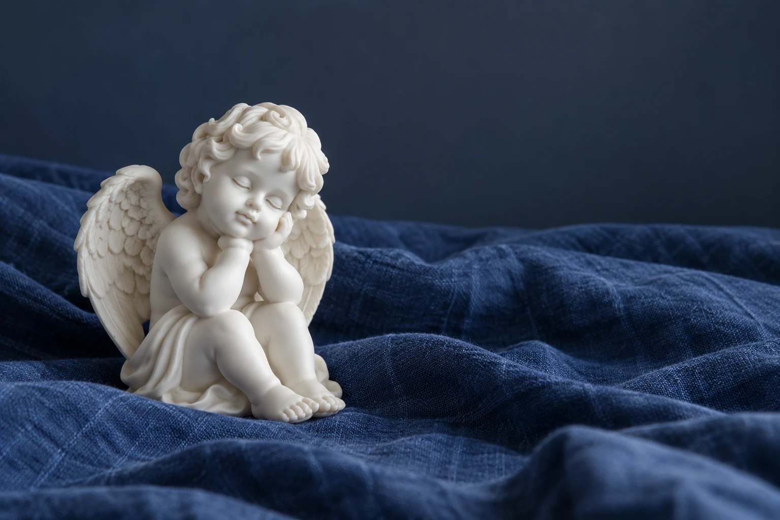 Petit ange en statue blanche assis, yeux fermés, posé sur tissu bleu