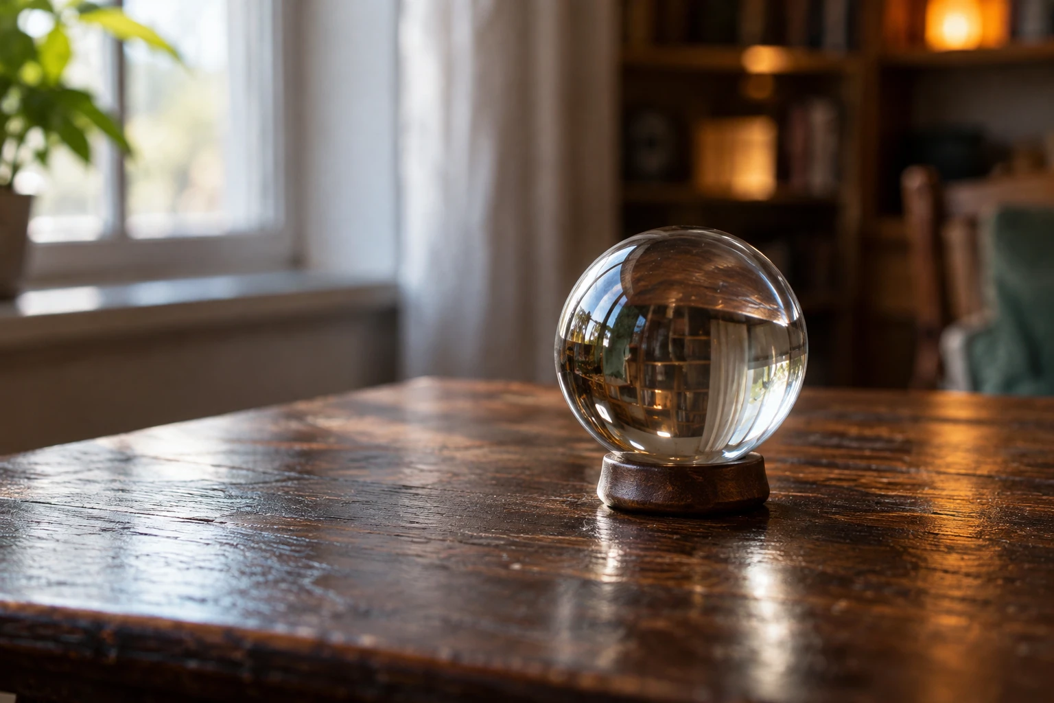 Boule de cristal en verre posée sur socle en bois sur table en bois