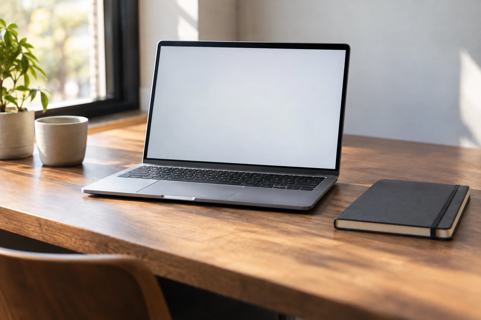 Ordinateur portable allumé avec écran blanc sur bureau en bois, carnet et tasse